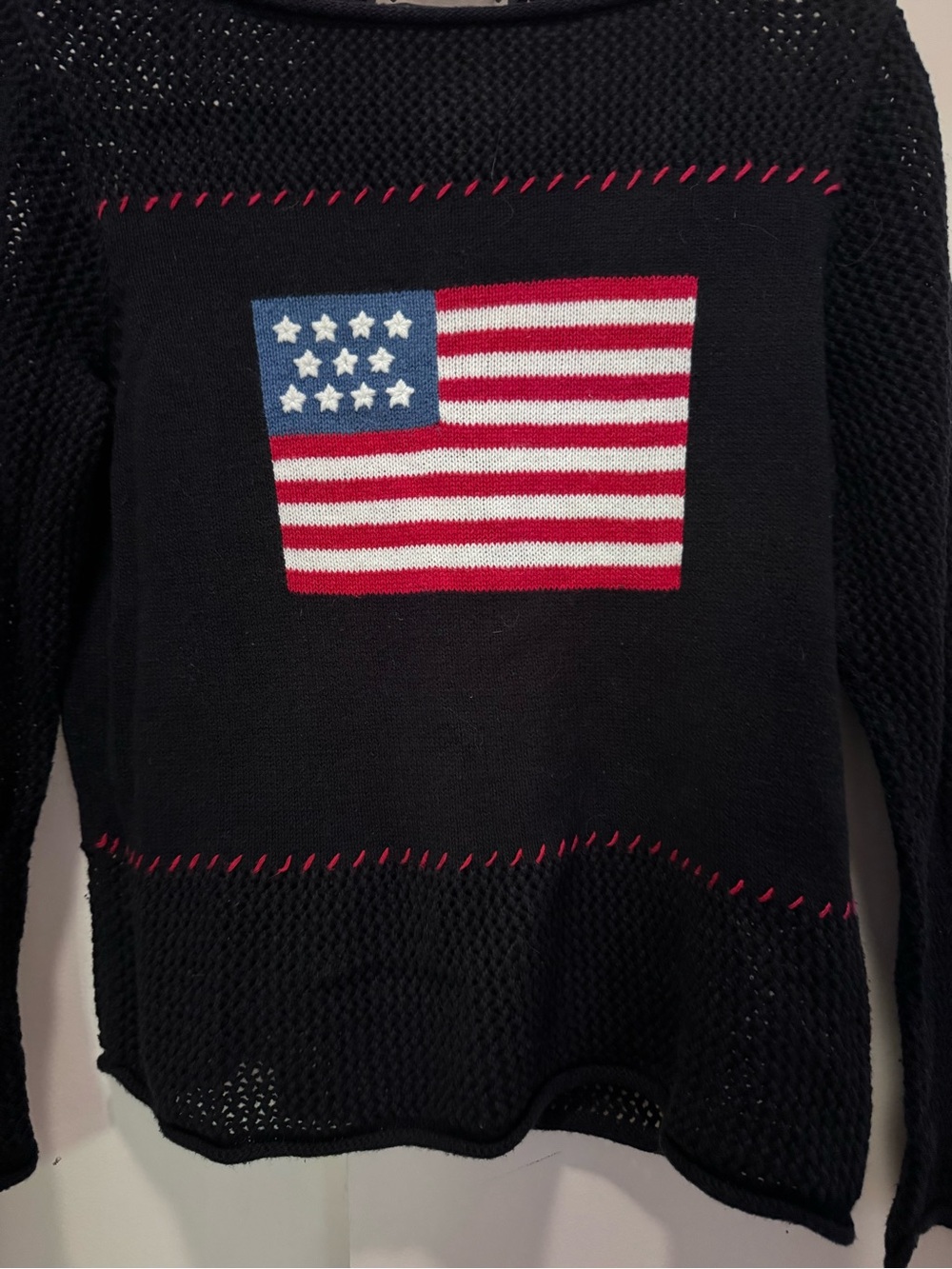 Vintage navy cotton weave Sweater with American Flag Motif